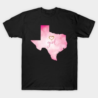 Texas Girl with Gold Heart in a Pink Texas State Map T-Shirt